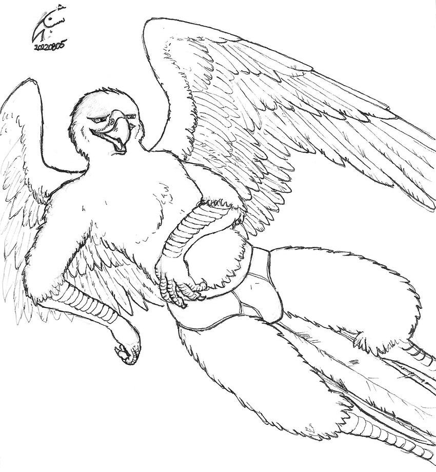 anthro beak briefs clothing feathers feet forearms half-closed_eyes hand_on_belly lying male narrowed_eyes reclining scaled_forearms scaled_legs scales smile solo spread_wings tail tail_feathers talons toes underwear wings tzair_(artist) tzair_(character) avian bird falcon falconid peregrine_falcon hi_res signature traditional_media_(artwork)