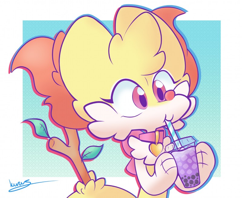 anthro beverage big_ears bow_collar bubble_tea cheek_tuft collar facial_tuft female fur inner_ear_fluff leaf simple_background solo stick tuft white_body white_fur yellow_body yellow_fur kurus nintendo pokemon eclair_(kurus37) fan_character braixen canid canine generation_6_pokemon mammal pokemon_(species) 2019 absurd_res digital_media_(artwork) hi_res