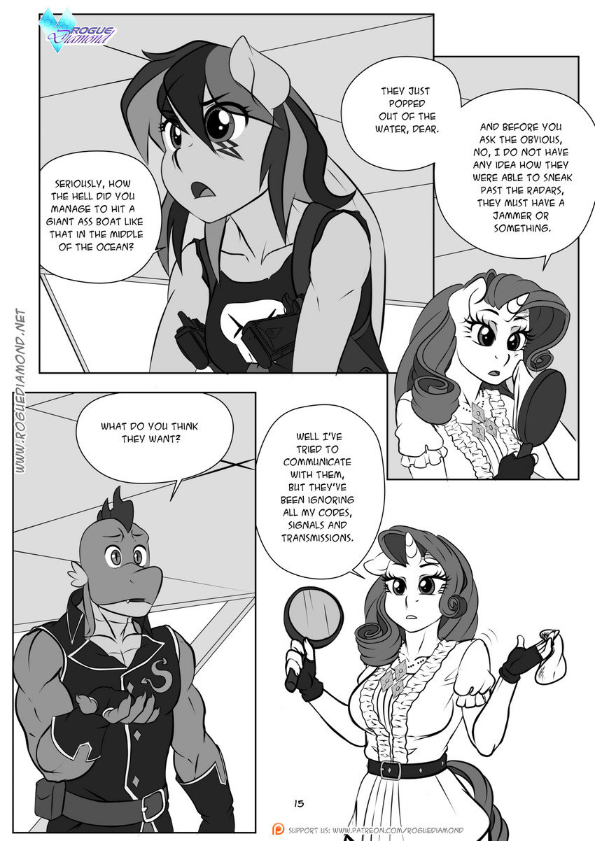 anthro anthrofied clothing dialogue female gun hand_mirror handgun horn mirror ranged_weapon text weapon wings pia-sama friendship_is_magic hasbro my_little_pony mythology rainbow_dash_(mlp) rarity_(mlp) spike_(mlp) dragon equid equine mammal mythological_creature mythological_equine mythological_scalie pegasus scalie unicorn comic english_text hi_res monochrome