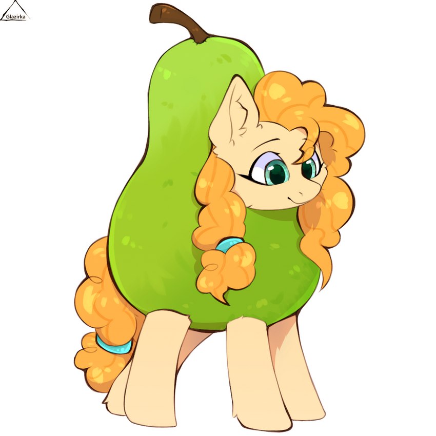 clothing costume female feral food food_costume fruit fruit_costume pear pear_costume plant simple_background solo standing white_background glazirka friendship_is_magic hasbro my_little_pony pear_butter_(mlp) equid equine horse mammal pony 1:1