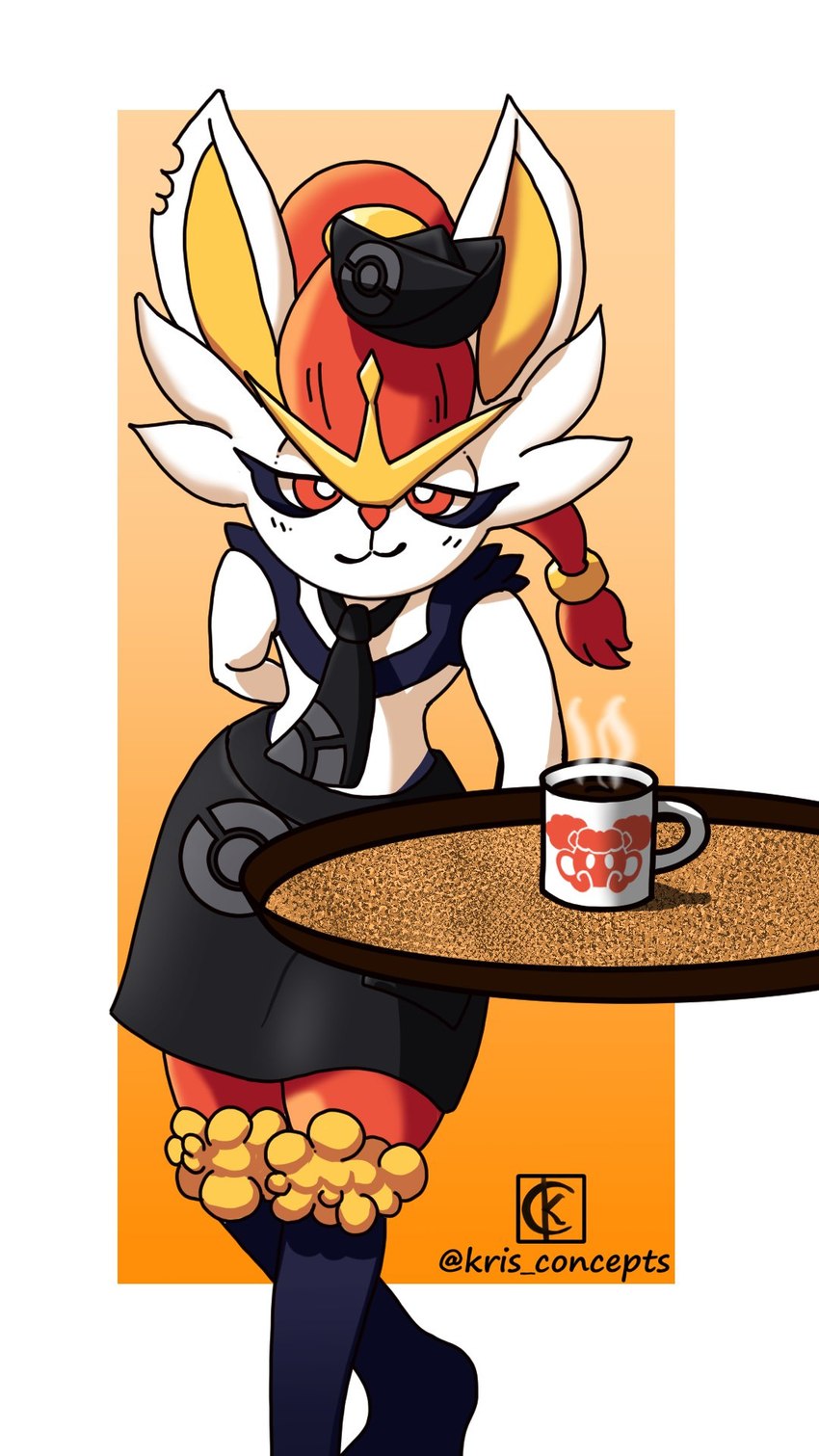 anthro apron beverage clothing coffee container cup hair hat headgear headwear male necktie notched_ear red_eyes red_hair simple_background smile solo white_body kris_concepts nintendo pokemon celes_(celes_the_whim) hazby_o'neil cinderace generation_8_pokemon pokemon_(species) 9:16 hi_res