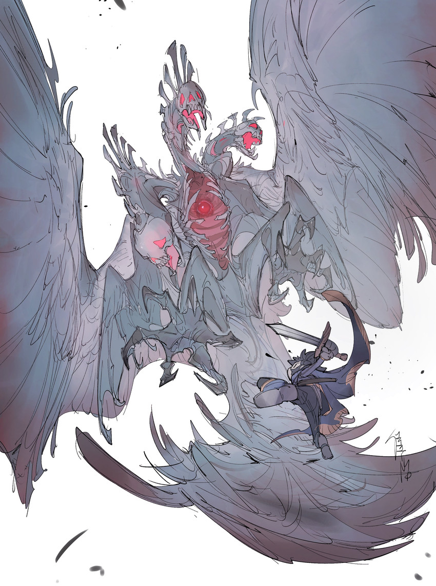 3_heads 4_wings 6_toes ambiguous_gender black_hair blue_cape blue_clothing blue_footwear blue_shoes bone bottomwear cape claws clothed clothing duo feathered_tail feathered_wings feathers feet feral footwear fully_clothed grey_bottomwear grey_clothing grey_pants hair hero holding_melee_weapon holding_object holding_sword holding_weapon male melee_weapon multi_head multi_wing neck_spikes pants realistic_wings rib_cage scabbard shoes simple_background simple_eyes size_difference skull skull_head sword tail toe_claws toes unusual_anatomy weapon white_background wings chiayeeee human mammal monster 2023 absurd_res digital_drawing_(artwork) digital_media_(artwork) hi_res signature