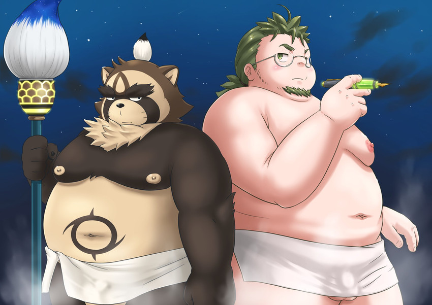 anthro balls barely_visible_balls barely_visible_genitalia belly brown_body brown_fur bulge detailed_background detailed_bulge duo eyewear flaccid fur genital_outline genitals glasses humanoid_genitalia humanoid_hands humanoid_penis kemono male moobs night nipples outside overweight overweight_human overweight_male penis penis_outline towel pihii3 lifewonders live_a_hero shoen subaru_nobeyama canid canine human mammal raccoon_dog tanuki 2021 hi_res