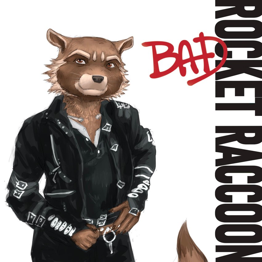 album_redraw anthro belt black_bottomwear black_clothing black_jacket black_nose black_pants black_topwear bottomwear brown_belt brown_body brown_eyes brown_fur clothed clothing fully_clothed fur jacket male michael_jackson's_bad pants simple_background solo topwear whiskers white_background gwen_the_psychic rogertaylorswift guardians_of_the_galaxy marvel michael_jackson michael_jackson_(character) rocket_raccoon mammal procyonid raccoon 1:1 album_cover cover hi_res