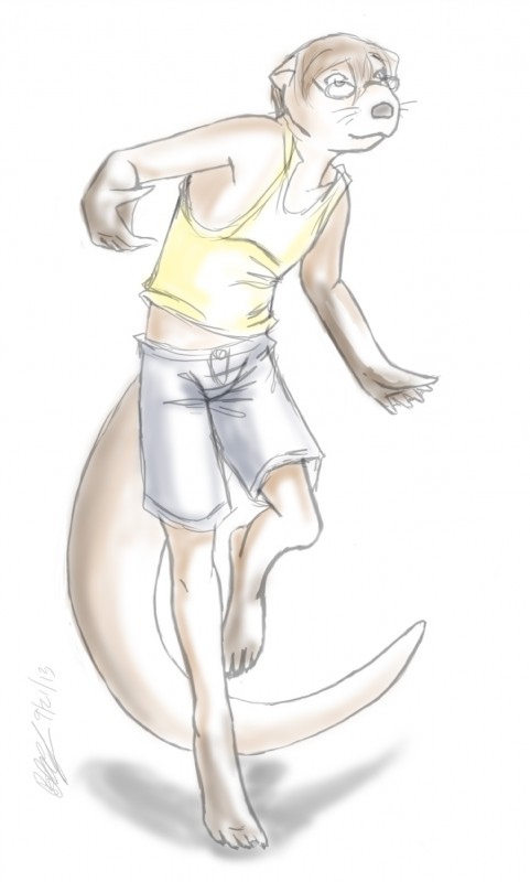 anthro barefoot biped bottomwear clothed clothing eyewear feet fur glasses male membrane_(anatomy) narrow_hips running shirt shorts skinny slim solo standing tank_top thin_calves toes topwear webbed_feet webbed_hands young young_male koshkio reese mammal mustelid otter hi_res sketch