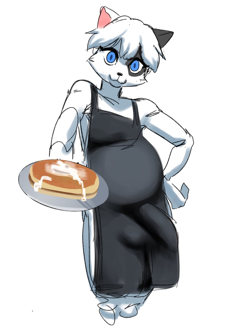 anthro big_bulge bulge clothed clothing detailed_bulge food male pancake pregnant pregnant_male solo kuroneko_(artist) meko domestic_cat felid feline felis mammal 3:4 hi_res maleherm_(lore)