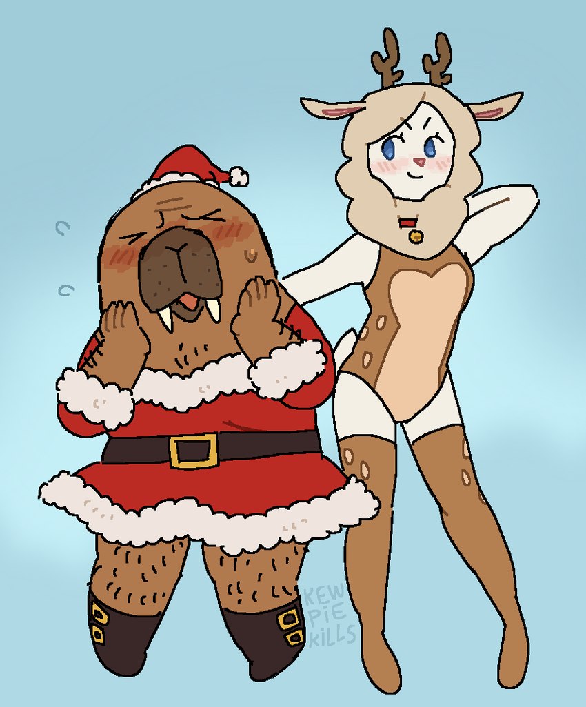 anthro arm_hair belt blue_background blue_eyes blush body_hair boots brown_belt brown_body chest_hair christmas_clothing christmas_headwear clothed clothing collar costume crossdressing duo embarrassed female footwear furrowed_brow hat headgear headwear holidays leg_hair legwear male open_mouth pose red_clothing red_collar reindeer_antlers reindeer_costume santa_clothing santa_costume santa_dress santa_hat shoes simple_background tights tusks kewpiekills christmas odd_taxi hiroshi_odokawa_(odd_taxi) miho_shirakawa_(odd_taxi) alpaca camelid mammal marine pinniped walrus digital_media_(artwork)