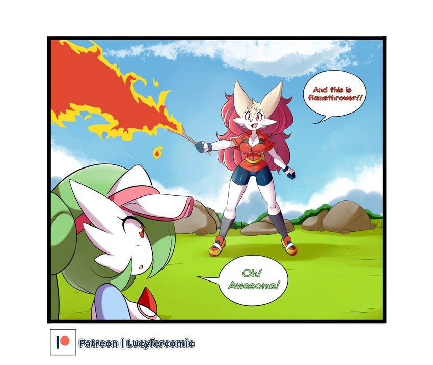 anthro big_breasts breasts clothing dialogue duo female fire hat headgear headwear raglan_shirt text lucyfercomic nintendo pokemon bray_(lucyfercomic) gardei_(lucyfercomic) may_(pokemon) rosa_(pokemon) braixen canid gardevoir generation_3_pokemon generation_6_pokemon humanoid mammal pokemon_(species) 2021 absurd_res comic english_text hi_res