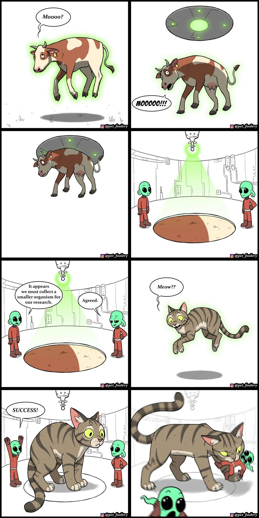 alien_abduction ambiguous_gender clothed clothing female feral green_body group humor pupils size_difference slit_pupils text tractor_beam ufo pet_foolery alien bovid bovine cattle domestic_cat felid feline felis humanoid mammal 1:2 absurd_res comic english_text hi_res