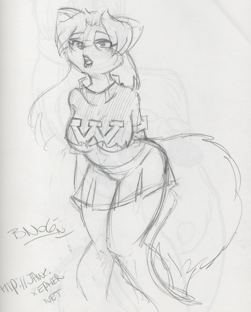 anthro big_breasts big_tail bottomwear breasts cheerleader_outfit clothing dipstick_tail female leaning leaning_forward lipstick makeup markings open_mouth pleated_skirt shirt skirt solo tail tail_markings topwear torn_clothing torn_shirt torn_topwear under_boob omgtkb alexandra_williams canid canine fox mammal hi_res sketch traditional_media_(artwork)