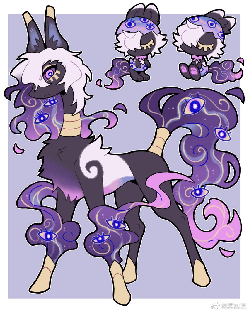 ambiguous_gender black_body chibi eyelashes feral hair hooves multi_eye purple_eyes purple_sclera quadruped semi-anthro slim slim_ambiguous slim_feral solo standing tail unusual_anatomy unusual_eye_placement white_hair zhang_gun mammal unknown_species 4:5 hi_res multiple_images