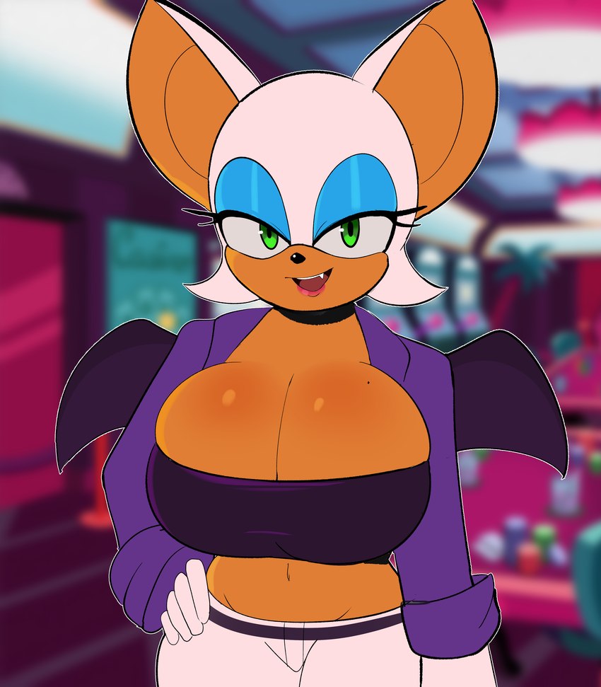 anthro big_breasts breasts clothed clothing eyeshadow female fingers green_eyes hair hand_on_hip looking_at_viewer makeup markings mole_(marking) mole_on_breast open_mouth solo teeth white_hair wings g3mma sega sonic_the_hedgehog_(series) rouge_the_bat bat mammal 2023 absurd_res hi_res