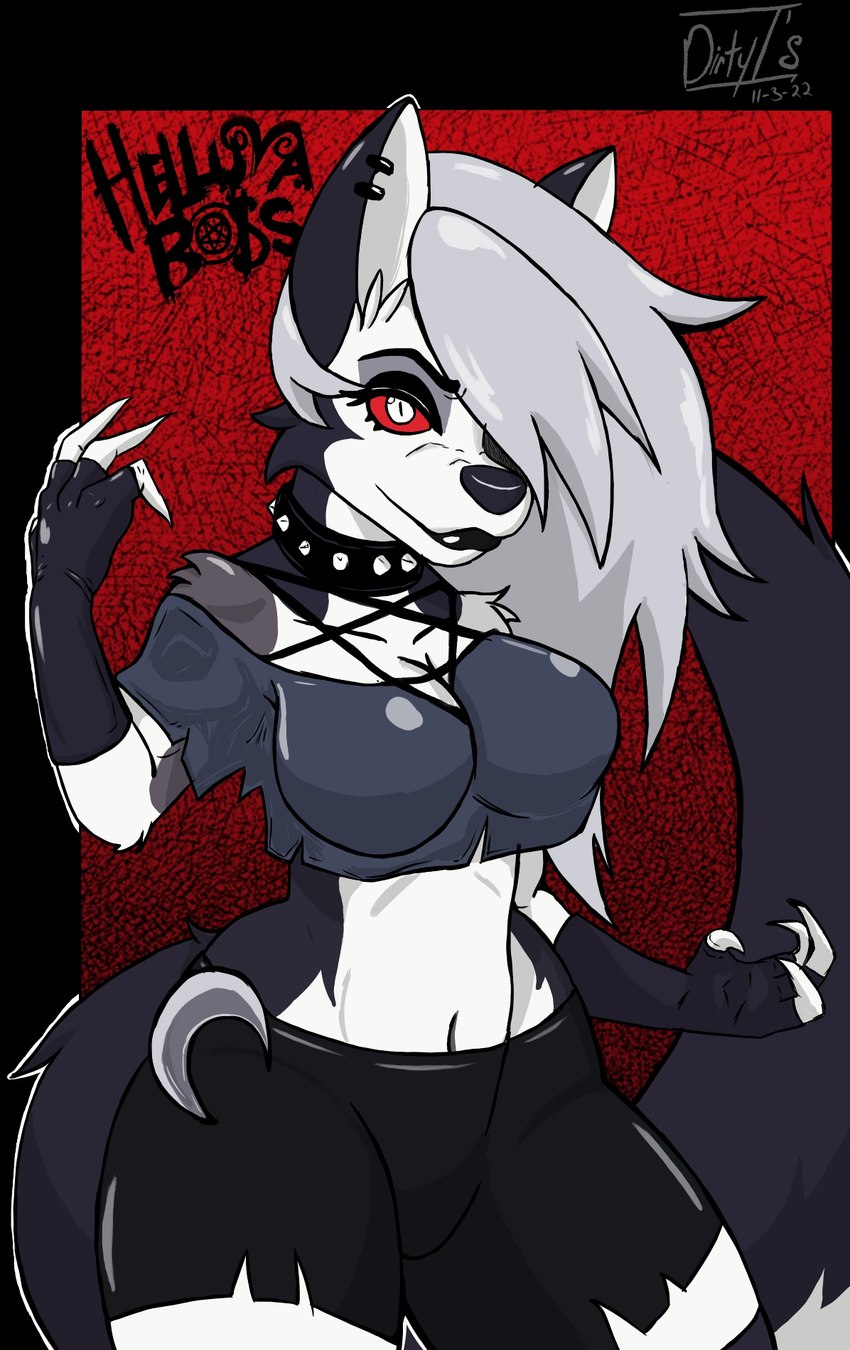 anthro black_body black_fur bottomwear claws clothing ear_piercing ear_ring female fur grey_hair hair piercing red_sclera ring_piercing shorts simple_background solo white_body white_eyes white_fur youtuber dirtyt's helluva_boss mythology loona_(helluva_boss) canid canid_demon canine demon hellhound mammal mythological_canine mythological_creature comic digital_media_(artwork) hi_res