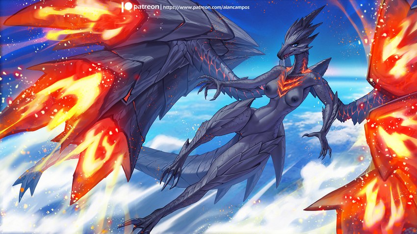 anthro areola blue_eyes breasts claws exposure_variation female fire flying genitals nipples nude open_mouth pupils pussy scales sharp_teeth sky slit_pupils solo tail teeth wings alanscampos capcom monster_hunter elder_dragon valstrax 2022 digital_media_(artwork) hi_res