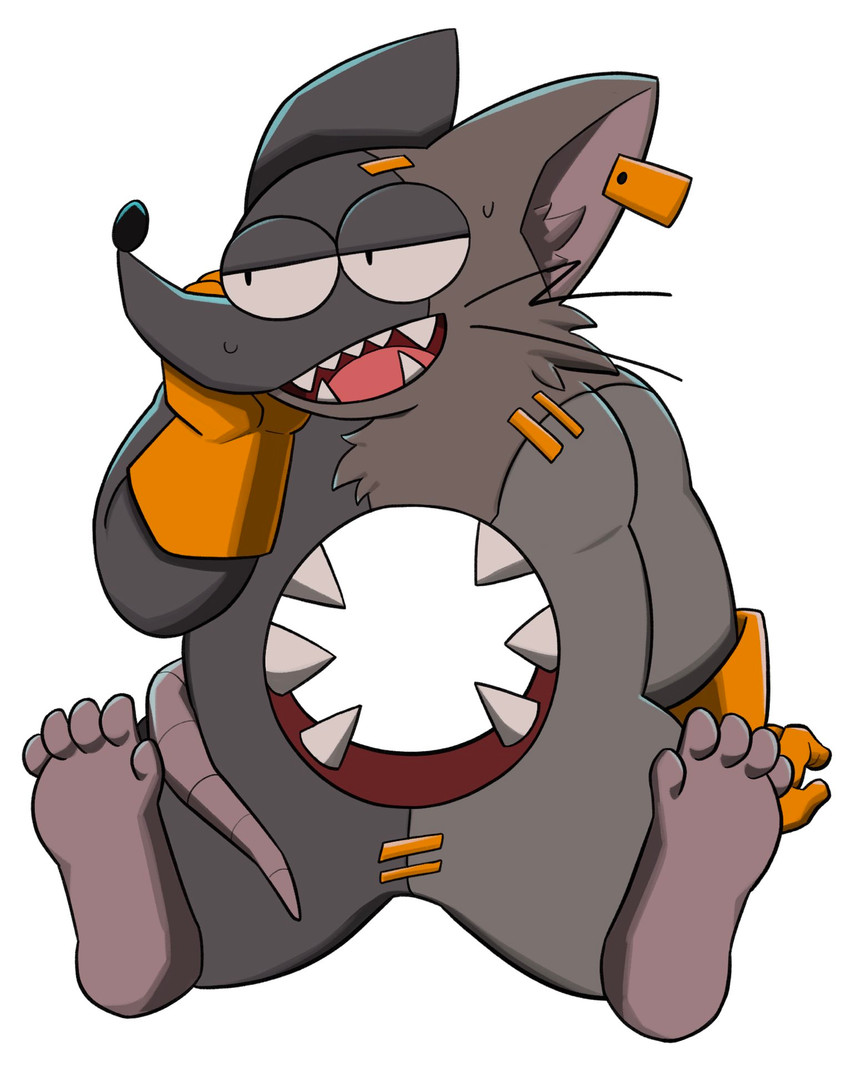 anthro clothing feet gloves handwear hole_(anatomy) male sitting solo stitch_(sewing) toony nemhippie mad_rat_dead nippon_ichi_software mad_rat_(mad_rat_dead) mammal murid murine rat rodent hi_res