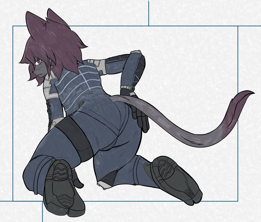 anthro bulge butt clock hair holding_butt kneeling male presenting presenting_hindquarters purple_hair skull_suit sneaking_suit solo watch bastardcat3 konami metal_gear tatsuo felid feline mammal hi_res