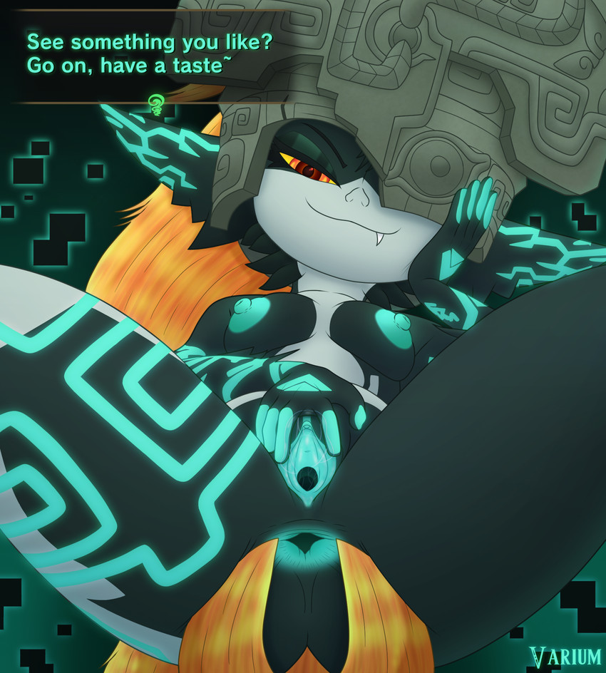 anal_request anthro anus areola blue_body_markings bodily_fluids breasts butt clitoris clothing cunnilingus_request female floating genital_fluids genitals glowing glowing_genitalia glowing_markings hair hand_on_head headgear headwear inviting looking_at_viewer lying markings messy multicolored_eyes nipples not_furry oral_request presenting presenting_anus presenting_vulva red_eyes requesting rimming_request sex_request simple_background smile smug smug_face smug_grin snaggle_tooth solo spread_anus spread_butt spread_legs spread_vulva spreading teeth text thick_thighs topwear vaginal_fluids vulva wet conditional_dnp varium nintendo the_legend_of_zelda twilight_princess midna humanoid mammal twili digital_media_(artwork) english_text hi_res