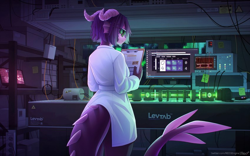 anthro biped breasts clothing coat detailed_background ear_frill eyewear female frill_(anatomy) glasses hair horn inside lab_coat laboratory laser multicolored_body multicolored_scales non-mammal_breasts purple_body purple_hair purple_scales safety_glasses scales solo spikes spikes_(anatomy) tail text topwear two_tone_body two_tone_scales red3engine mythology yubi_clearsky dragon mythological_creature mythological_scalie reptile scalie wingless_dragon 2023 hi_res url