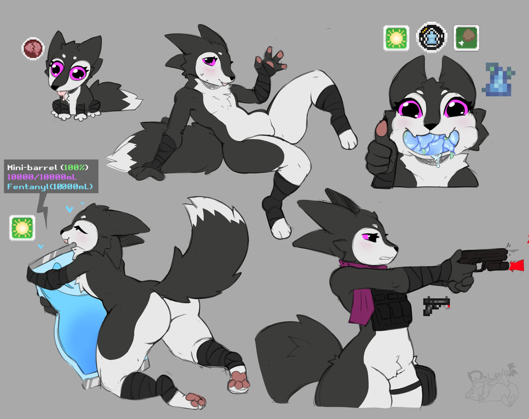 3_toes 4_fingers alternate_species ambiguous_gender anthro arm_wraps armor bag bandage bent_legs big_butt biped black_body black_fur blep blush blush_lines bodily_fluids bottomless brain_damage bulletproof_vest butt chest_tuft chibi clothed clothing container countershading crotch_tuft digitigrade dipstick_tail drugs eating eating_food eyelashes eyes_closed fangs featureless_chest featureless_crotch feet fentanyl fingers flat_chested fluffy fluffy_tail food fruit fur gameplay_mechanics gesture grey_background gun hair hand_gesture handgun happy heart_symbol holding_gun holding_handgun holding_object holding_pistol holding_ranged_weapon holding_weapon hug information_box kneeling leg_wraps legwear looking_at_viewer markings moodles mostly_nude multicolored_body multicolored_fur multicolored_tail multiple_poses neck_tuft nude open_mouth partially_clothed pawpads paws pear pink_pawpads pistol plant pose presenting purple_eyes purple_scarf raised_leg raised_tail ranged_weapon rear_view saliva saliva_string scarf side_view simple_background sitting smile solo spread_legs spreading standing sweat tail tail_markings teeth text text_box thick_thighs thumbs_up toes tongue tongue_out topwear tuft tufted_fur two_tone_body two_tone_fur usp_.45 vest waving waving_at_viewer weapon white_body white_fur wide_hips wraps daim0nio casualties:_unknown fyr_(fenrir784) canid canine expie_(gunsawian) gunsawian hybrid mammal murid rodent 2026 absurd_res colored digital_drawing_(artwork) digital_media_(artwork) english_text hi_res meme signature sketch_page watermark