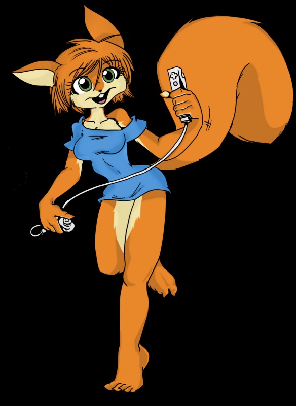 5_toes anthro barefoot claws clothing controller feet female fur game_controller green_eyes hair orange_body orange_fur orange_hair plantigrade red_hair shirt simple_background smile solo spread_toes tail toes topwear transparent_background regitsammo nintendo sequential_art wii scarlet_(sequential_art) eurasian_red_squirrel mammal rodent sciurid tree_squirrel alpha_channel hi_res