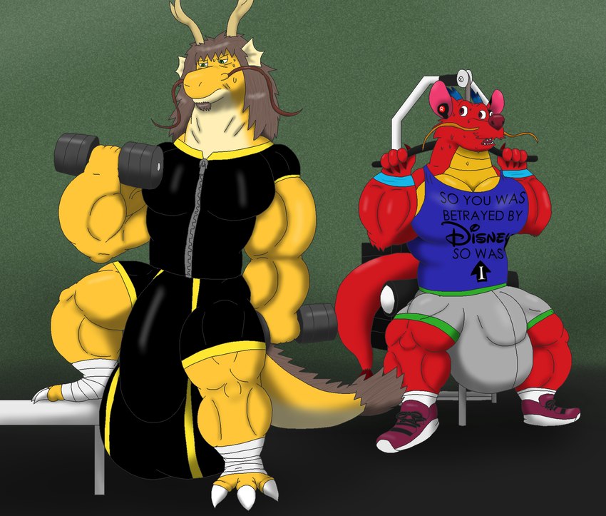 anthro antlers big_bulge bodily_fluids bulge clothing detailed_bulge dumbbell duo earpod exercise exercise_equipment genital_outline gold_scales horn huge_bulge hyper hyper_bulge male muscular muscular_male penis_outline red_body red_scales scales shirt sweat text text_on_clothing text_on_shirt text_on_topwear topwear weights alythewolfcat asian_mythology chinese_mythology disney east_asian_mythology mulan_(1998) mythology mushu_(disney) dragon eastern_dragon mythological_creature mythological_scalie scalie hi_res