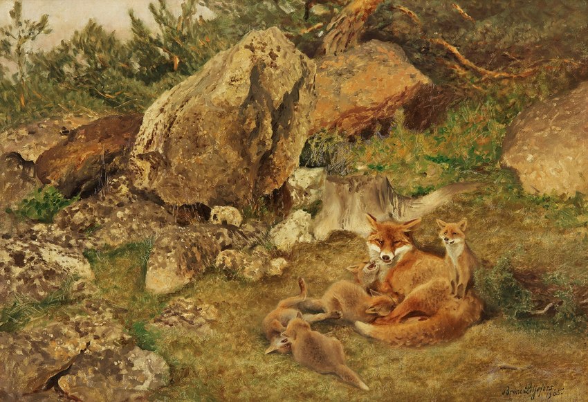 ambiguous_gender brown_body brown_fur detailed_background female feral fur group nude orange_body orange_fur outside playful quadruped rock white_body white_fur young young_feral bruno_liljefors public_domain canid canine fox mammal red_fox true_fox 1905 20th_century ancient_art hi_res oil_painting_(artwork) painting_(artwork) signature traditional_media_(artwork) mother_(lore) mother_and_child_(lore) parent_(lore) parent_and_child_(lore)