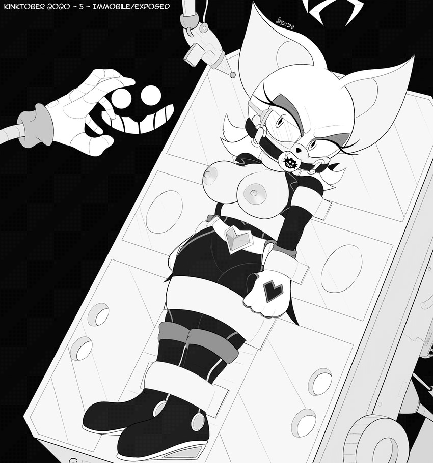 anthro ball_gag bdsm big_breasts bondage bound breasts female gag machine machine_bondage nipples solo darkman-zero sega sonic_the_hedgehog_(series) rouge_the_bat bat mammal absurd_res hi_res monochrome