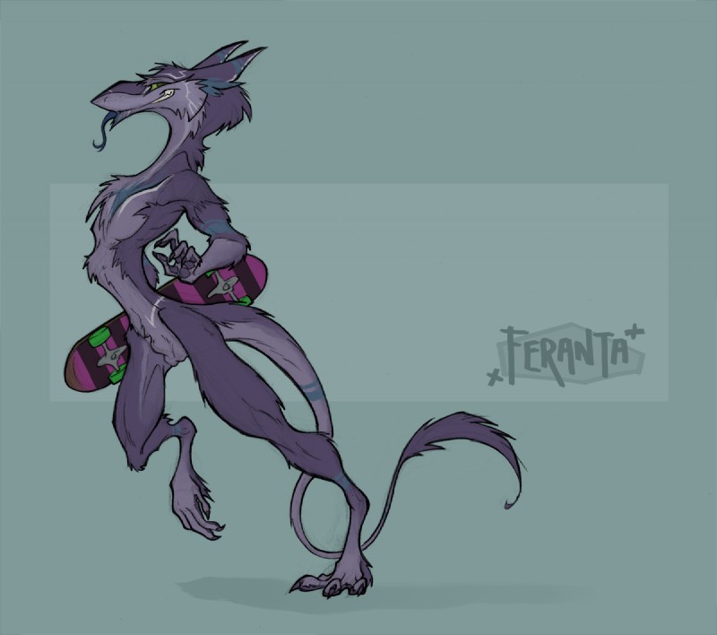 4_fingers 4_toes action_pose alternate_species animal_genitalia anthro arm_tuft balls blue_markings blue_tongue cheek_tuft chest_tuft claws digitigrade ear_tuft ears_back facial_tuft feet fingers fluffy fluffy_ears fur genitals green_background green_eyes green_sclera grin half-closed_eyes head_tuft holding_object leg_tuft long_tail looking_at_viewer male markings narrowed_eyes neck_tuft no_pupils nude pawpads pivoted_ears pose purple_body purple_claws purple_fur purple_pawpads sheath side_view simple_background skateboard skater skinny smile snout solo tail toes tongue tongue_out tuft vehicle walking white_markings raiyk loganhen mammal sergal 2016 colored shaded signature