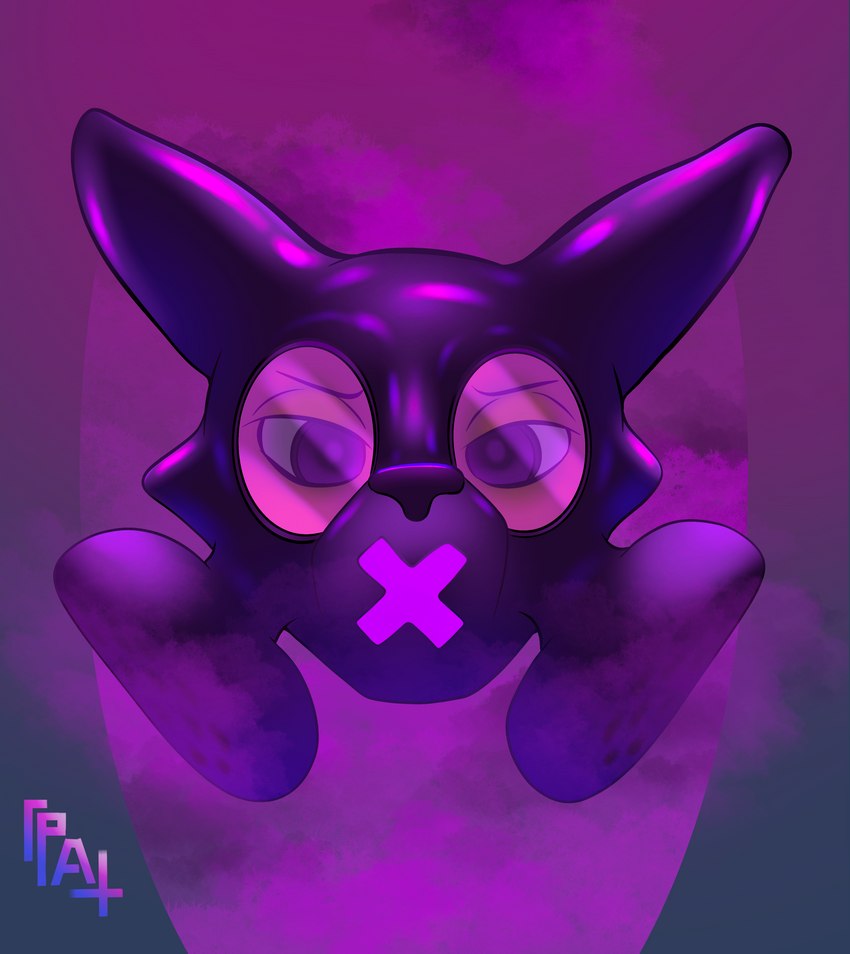 anthro big_eye clothing fog gas_mask gradient_background latex long_ears male mask narrowed_eyes purple_clothing simple_background solo squint thin_eyebrows psycheapple canid canine fox mammal absurd_res headshot_portrait hi_res portrait