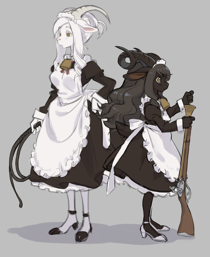 anthro apron bell bell_collar black_body black_fur black_hair blunderbuss bottomwear clothed clothing collar duo female fur gun hair horizontal_pupils horn kemono long_hair maid_uniform musket pupils ranged_weapon skirt standing uniform weapon whip white_body white_fur white_hair kikurage bovid caprine goat mammal 2023 digital_media_(artwork) full-length_portrait hi_res portrait