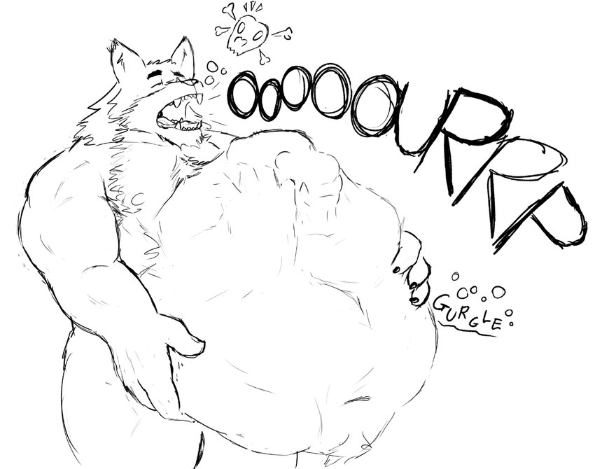 bloated body_hair body_outline burping digestion digestion_noises duo fangs fatal_vore holding_stomach male male/male muscular muscular_arms muscular_male onomatopoeia rumbling_stomach same_size_vore skull_symbol sound_effects teeth text vore adrian_dough bearnard_adams bear canid canine canis mammal wolf monochrome