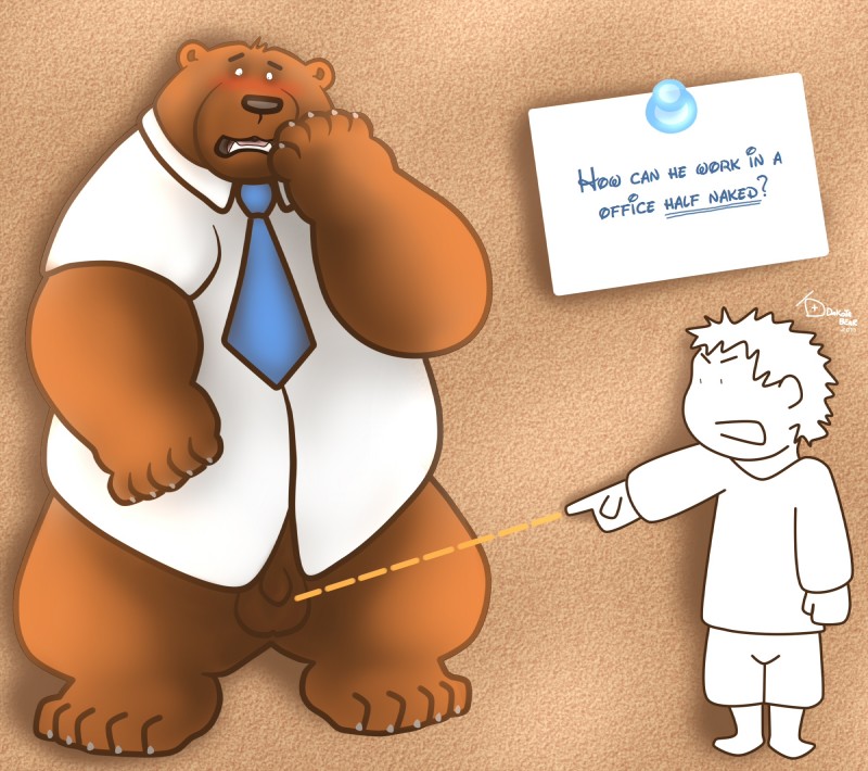 animal_genitalia balls blush bottomless brown_body brown_fur clothed clothing duo embarrassed exposed flaccid fur genitals male necktie overweight penis sheath simple_background text textured_background dakota-bear the_cleveland_show tim_the_bear bear brown_bear grizzly_bear human mammal ursine english_text hi_res