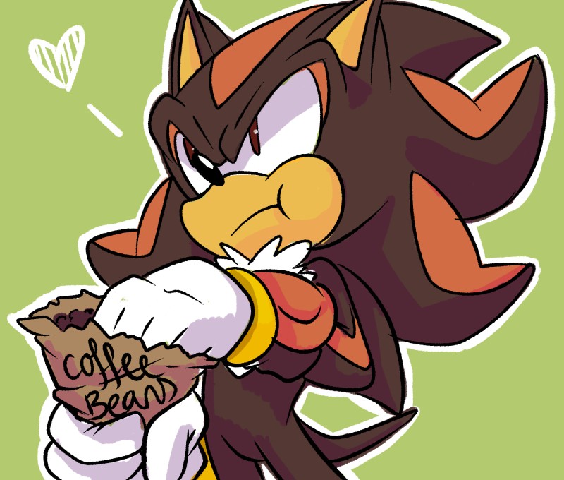 anthro bean beverage black_body black_fur clothing coffee coffee_bean eating food fur gloves green_background handwear heart_symbol holding_food holding_object humor male outline red_body red_fur simple_background solo white_outline svanetianrose sega sonic_the_hedgehog_(series) shadow_the_hedgehog eulipotyphlan hedgehog mammal hi_res