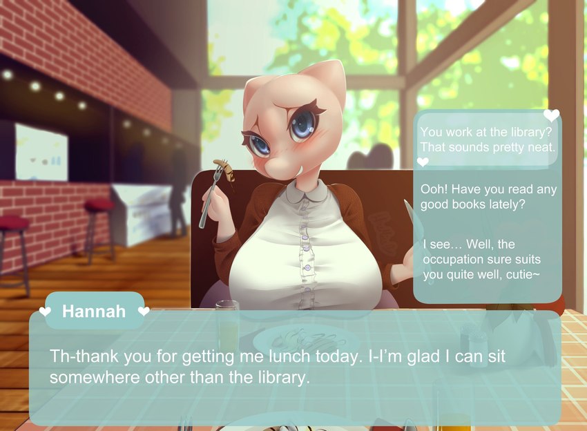 anthro big_breasts blush breast_rest breasts cutlery female food fork furniture kitchen_utensils pink_body solo table text tools hissmiss nintendo pokemon hannah_(stropeysheepbun) generation_1_pokemon legendary_pokemon mew_(pokemon) pokemon_(species) english_text hi_res