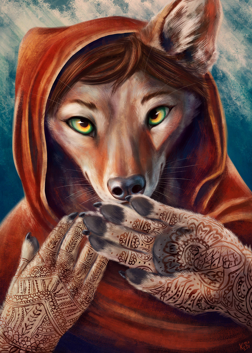 anthro black_nose blue_background brown_body brown_fur brown_hair claws clothed clothing female fur hair henna inner_ear_fluff pawpads simple_background solo tuft whiskers kebi canid canine canis mammal wolf 2020 bust_portrait hi_res portrait