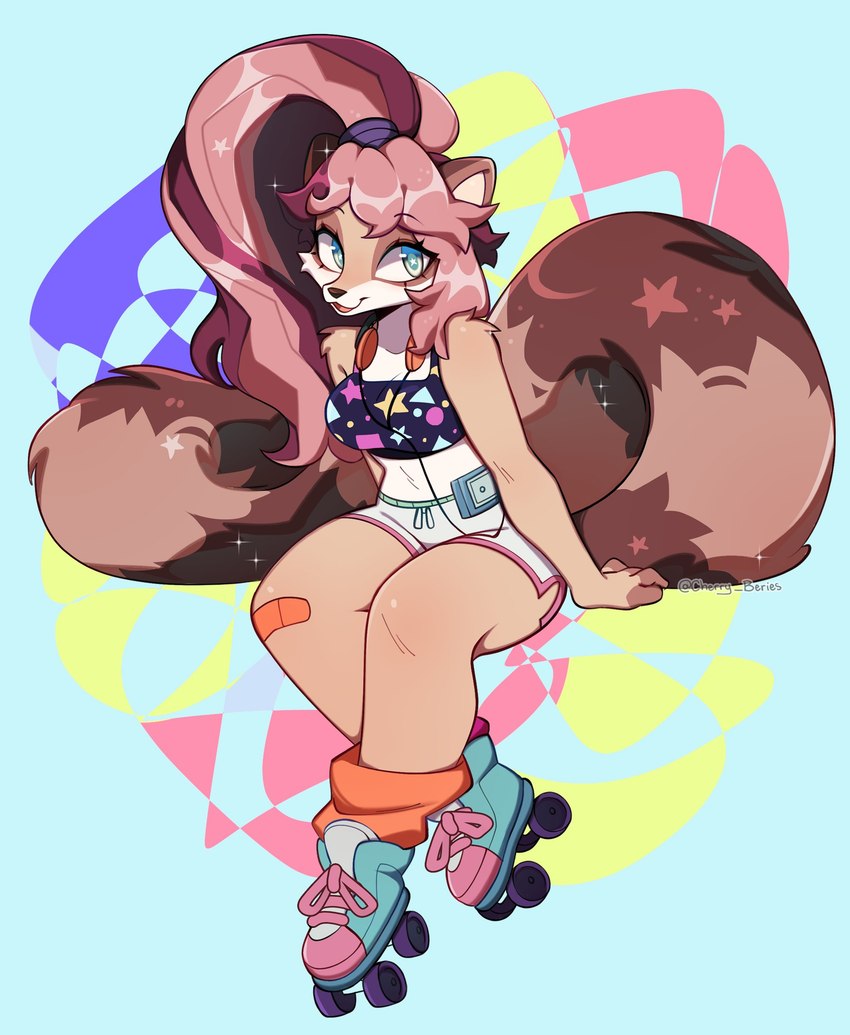 abstract_background anthro biped bottomwear brown_body brown_fur clothed clothing dolphin_shorts female fully_clothed fur hair looking_at_viewer midriff pink_hair shorts sitting sparklefur cherry_beries canid canine mammal 2024 absurd_res digital_drawing_(artwork) digital_media_(artwork) hi_res