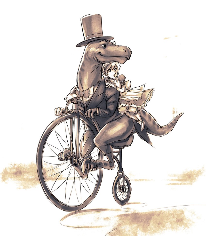 abstract_background bell bicycle bow_tie claws clothed clothing dress duo eyewear feral gentleman hat headgear headwear male monocle riding_bike scales sickle_claw size_difference striped_body stripes suit toe_claws top_hat vehicle psuedofolio penny_farthing chaptor dinosaur dromaeosaurid human mammal prehistoric_species reptile scalie theropod hi_res monochrome