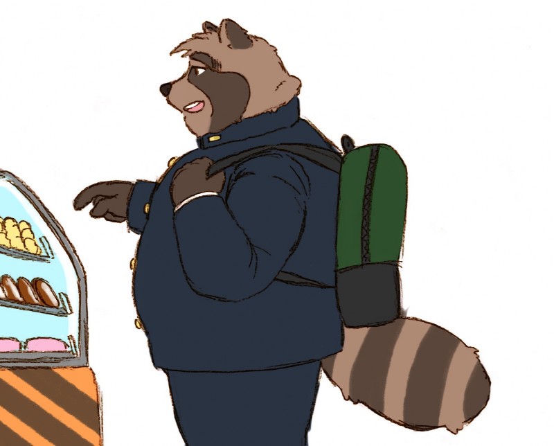 anthro bottomwear brown_body brown_fur clothing food fur humanoid_hands male overweight overweight_anthro overweight_male pants shirt solo topwear rentcg canid canine mammal raccoon_dog tanuki 2018 hi_res