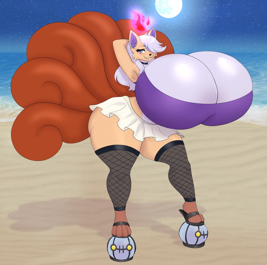 anthro big_breasts big_butt breasts butt clothing female fire fishnet_clothing fishnet_legwear footwear hand_behind_head huge_breasts huge_butt hyper hyper_breasts legwear multi_tail platform_footwear platform_shoes shoes solo tail valentina_(speedbumpv-drop) suika-x nintendo pokemon generation_1_pokemon generation_5_pokemon hybrid hybrid_pokemon litwick pokemon_(species) vulpix hi_res