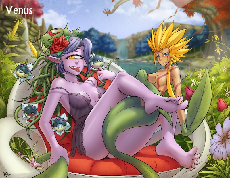 1_eye 5_fingers barefoot blonde_hair blue_eyes breasts clothed clothing detailed_background duo eyelashes feet female fingers flower forest hair humanoid_pointy_ears lingerie monster_girl_(genre) not_furry nude outside pink_body pink_skin plant pointy_ears purple_hair sharp_teeth sitting soles teeth tongue tongue_out tree water waterfall yellow_eyes pigutao elemental_creature flora_fauna humanoid absurd_res hi_res