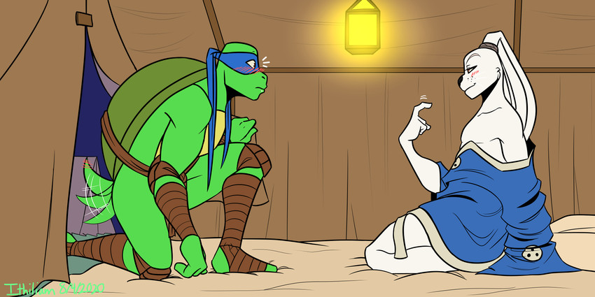 anthro bed blush duo furniture lamp male male/male romantic romantic_ambiance tent ithiliam teenage_mutant_ninja_turtles usagi_yojimbo leonardo_(tmnt) miyamoto_usagi lagomorph leporid mammal rabbit reptile scalie turtle 2:1 absurd_res hi_res