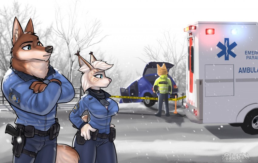 accident ambulance anthro barricade_tape car_accident clothing crash crossed_arms duo female gun handgun holster holstered_pistol male male/female paramedic partners pistol police police_officer police_tape police_uniform ranged_weapon snow snowing uniform weapon psakorn_tnoi disney zootopia russell_wolfson tammy_rys canid canine canis felid feline lynx mammal wolf 2022