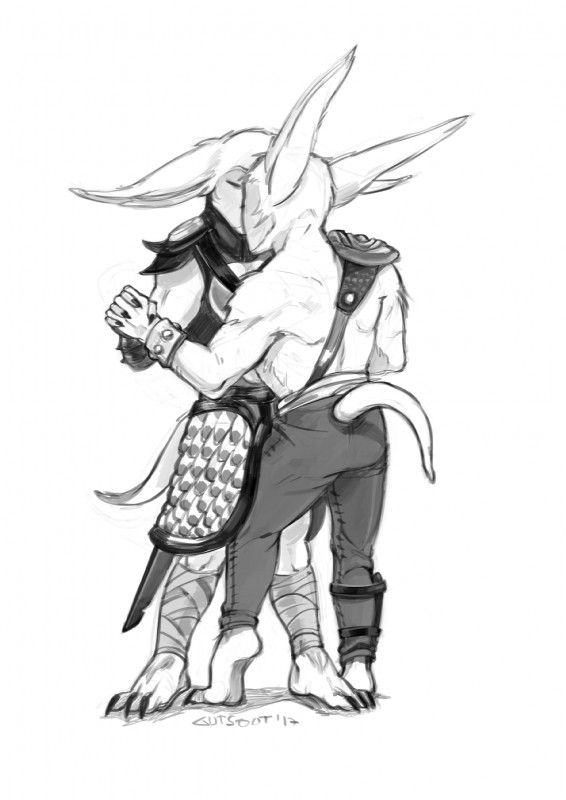 armor clothing duo hand_holding kissing long_ears selfcest square_crossover gutsout_(artist) dota valve meepo_the_geomancer hi_res monochrome