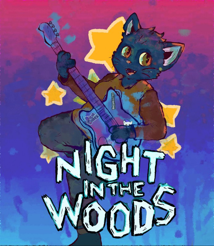 ambiguous_gender bass_guitar female guitar music musical_instrument plucked_string_instrument solo star string_instrument text kinkykenku night_in_the_woods mae_borowski domestic_cat felid feline felis mammal absurd_res english_text hi_res