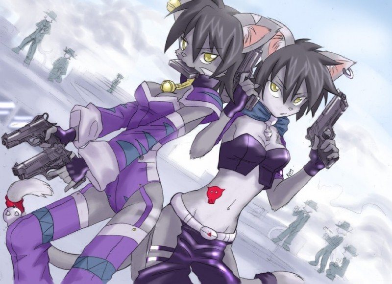 alternative_fashion bell bone clothing cyberpop duo_focus dutch_angle ear_piercing female fingerless_gloves gloves group gun handwear j-fashion kemono piercing ranged_weapon skull tail weapon yellow_eyes jumpyneko domestic_cat felid feline felis mammal