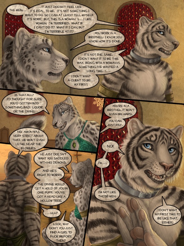 anthro blue_eyes breasts clothed clothing collar dialogue duo female fur grey_body grey_fur male metal_collar profanity speech_bubble spots stripes text topless whiskers ishaway myenia rukis red_lantern red_lantern_universe dhaval_(character) isolde_(rukis) felid leopard mammal pantherine snow_leopard tiger 2018 3:4 comic digital_media_(artwork) english_text