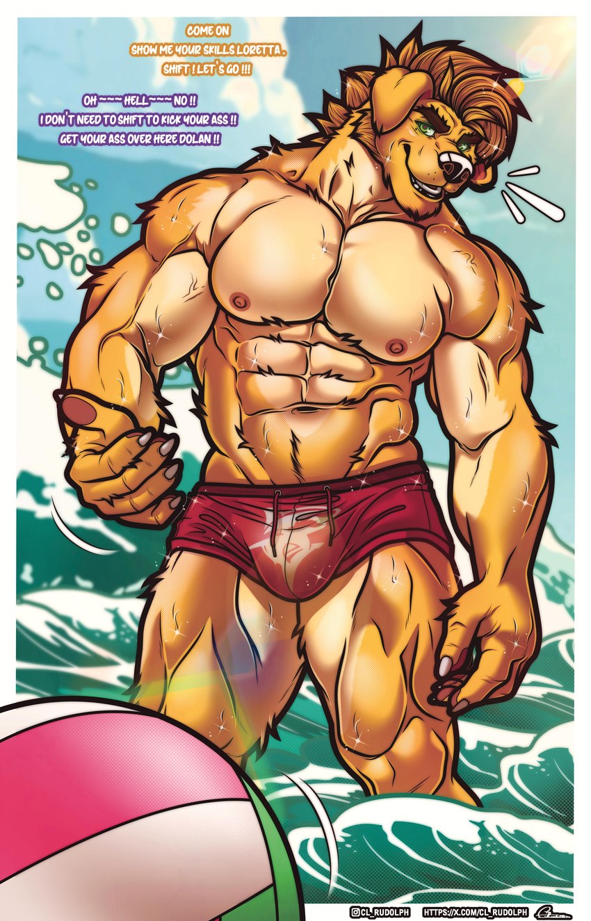 anthro ball beach_ball brown_eyebrows brown_hair bulge clothed clothing eyebrows fur hair inflatable looking_at_viewer male muscular muscular_anthro muscular_male navel nipples pawpads pink_nipples pink_pawpads pose smile solo swimming_trunks swimwear text thick_eyebrows topless veiny_arms water wave yellow_body yellow_fur cl.rudolph garth_mentzel_monroe canid canine canis domestic_dog mammal absurd_res english_text hi_res