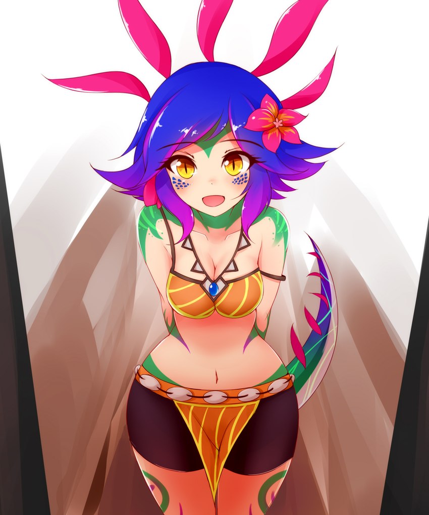 accessory belt biped black_gym_shorts blue_hair blush blush_lines breasts cleavage clothed clothing dipstick_tail female flower flower_in_hair freckles gem green_tail hair hair_accessory hallway hands_behind_back head_crest jewelry looking_at_viewer markings multicolored_tail necklace plant pupils purple_tail purple_tail_tip sapphire_(gem) simple_background slit_pupils solo standing tail tail_markings white_background yellow_eyes ayatori league_of_legends riot_games tencent neeko_(lol) animal_humanoid chameleon_humanoid humanoid lizard_humanoid mammal reptile reptile_humanoid scalie scalie_humanoid 2019 digital_media_(artwork) hi_res