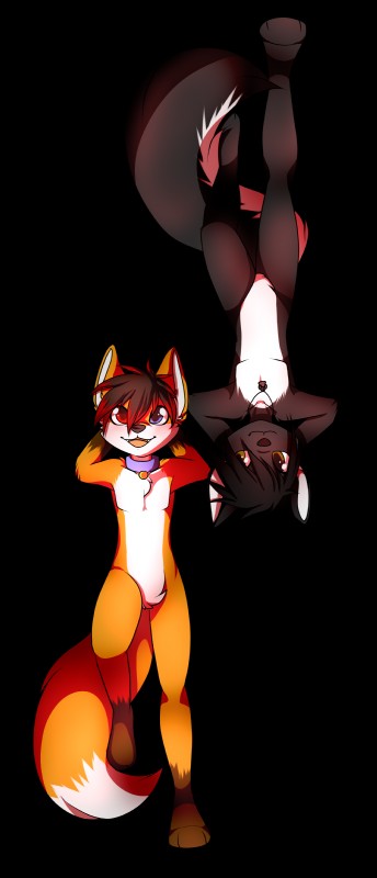 anthro black_body black_fur black_hair blush collar duo fur hair heterochromia jewelry male necklace orange_body orange_fur freeze-pop88 ash_harden nanabi_ashiro canid canine fox mammal mephitid skunk absurd_res alpha_channel hi_res