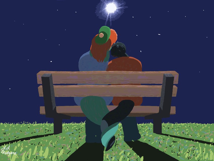 anthro bench clothed clothing duo entwined_tails female grass hair hat headgear headwear larger_female legs_together looking_away male male/female moon orange_hair plant romantic shadow sitting size_difference smaller_male star tail tail_coil tam_o'_shanter dump_lings_png disney the_ballad_of_nessie lucas_rodgers_(dump_lings_png) nessie_(disney) alligatorid crocodilian loch_ness_monster reptile scalie 4:3 signature